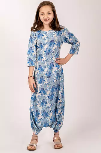 Seashell cream, cream & blue zari & printed cotton dhoti jumpsuit mother daughter matching combo