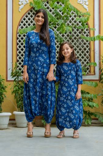 Midnight blue & blue zari & printed cotton & rayon dhoti jumpsuit mother daughter matching combo