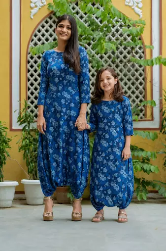 Midnight blue & blue zari & printed cotton & rayon dhoti jumpsuit mother daughter matching combo