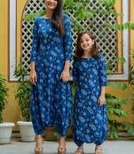 Midnight blue & blue zari & printed cotton & rayon dhoti jumpsuit mother daughter matching combo