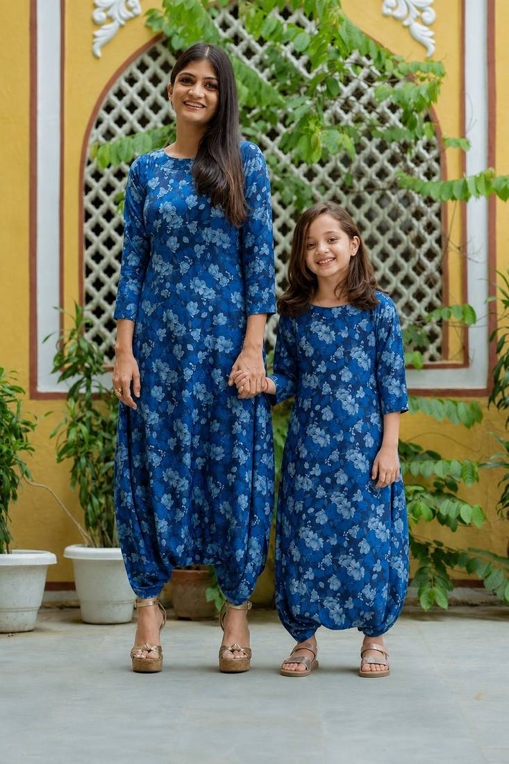 Midnight blue & blue zari & printed cotton & rayon dhoti jumpsuit mother daughter matching combo
