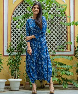 Midnight blue & blue zari & printed cotton & rayon dhoti jumpsuit mother daughter matching combo 2