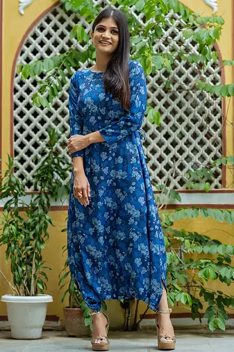 Midnight blue & blue zari & printed cotton & rayon dhoti jumpsuit mother daughter matching combo