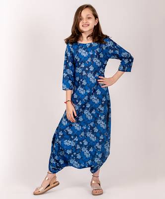 Midnight blue & blue zari & printed cotton & rayon dhoti jumpsuit mother daughter matching combo 3