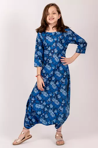 Midnight blue & blue zari & printed cotton & rayon dhoti jumpsuit mother daughter matching combo