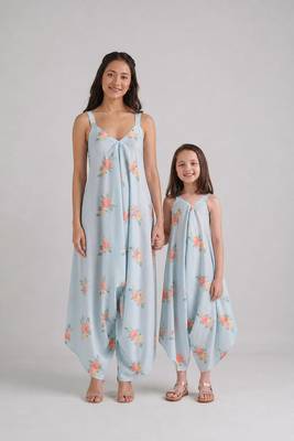 Blue & baby blue floral printed rayon jumpsuit & palazzo jumpsuit mother daughter matching combo 1