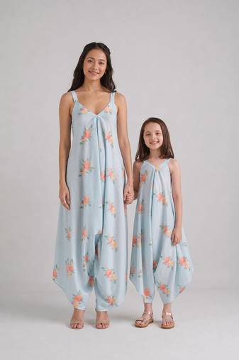 Blue & baby blue floral printed rayon jumpsuit & palazzo jumpsuit mother daughter matching combo