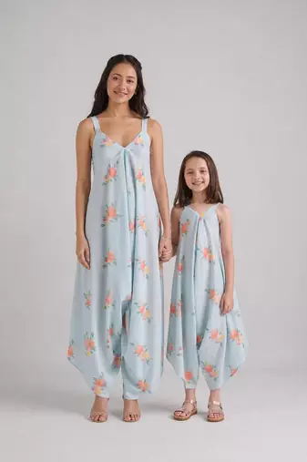 Blue & baby blue floral printed rayon jumpsuit & palazzo jumpsuit mother daughter matching combo