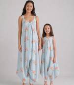 Blue & baby blue floral printed rayon jumpsuit & palazzo jumpsuit mother daughter matching combo