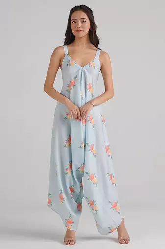 Blue & baby blue floral printed rayon jumpsuit & palazzo jumpsuit mother daughter matching combo