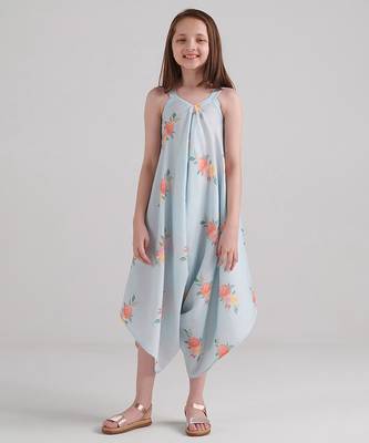 Blue & baby blue floral printed rayon jumpsuit & palazzo jumpsuit mother daughter matching combo 3