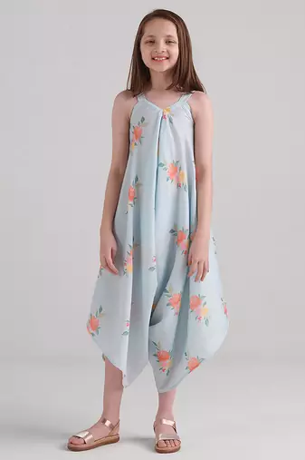 Blue & baby blue floral printed rayon jumpsuit & palazzo jumpsuit mother daughter matching combo