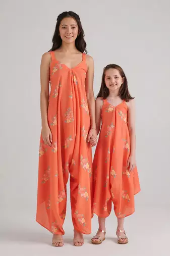 Orange floral printed rayon jumpsuit & palazzo jumpsuit mother daughter matching combo