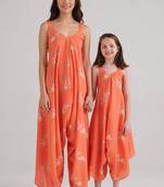 Orange floral printed rayon jumpsuit & palazzo jumpsuit mother daughter matching combo