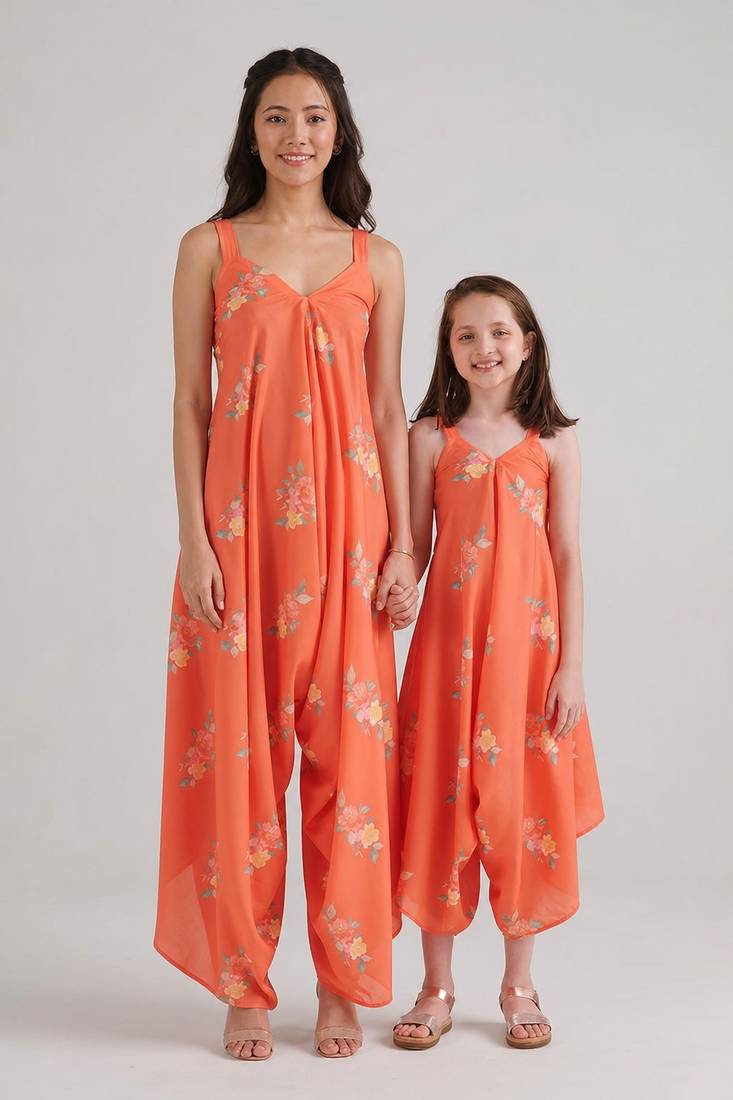 Orange floral printed rayon jumpsuit & palazzo jumpsuit mother daughter matching combo