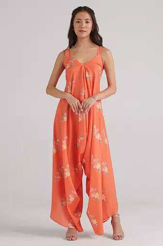 Orange floral printed rayon jumpsuit & palazzo jumpsuit mother daughter matching combo