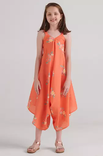 Orange floral printed rayon jumpsuit & palazzo jumpsuit mother daughter matching combo