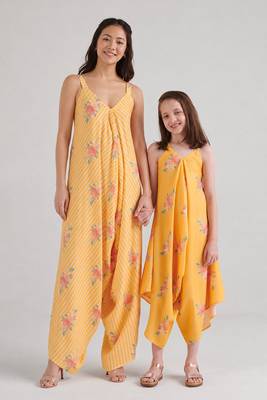Yellow floral printed rayon jumpsuit & palazzo jumpsuit mother daughter matching combo 1
