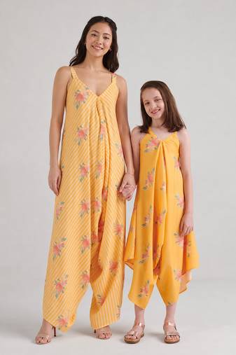 Yellow floral printed rayon jumpsuit & palazzo jumpsuit mother daughter matching combo