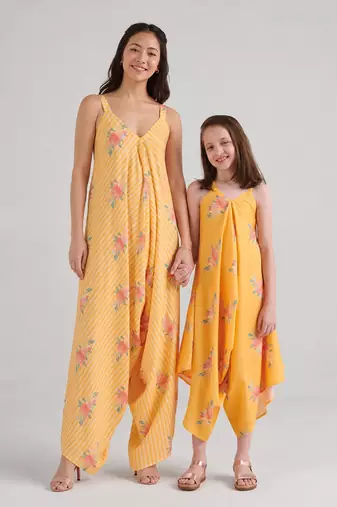 Yellow floral printed rayon jumpsuit & palazzo jumpsuit mother daughter matching combo