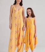 Yellow floral printed rayon jumpsuit & palazzo jumpsuit mother daughter matching combo