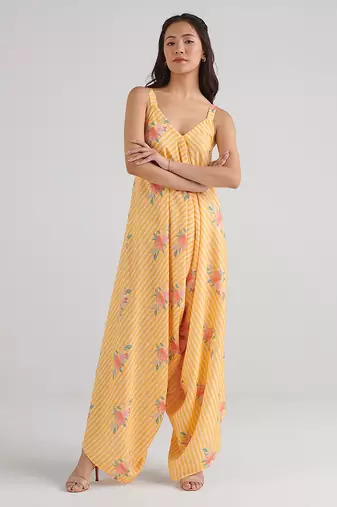 Yellow floral printed rayon jumpsuit & palazzo jumpsuit mother daughter matching combo