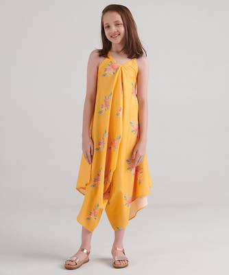 Yellow floral printed rayon jumpsuit & palazzo jumpsuit mother daughter matching combo 3