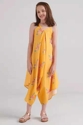 Yellow floral printed rayon jumpsuit & palazzo jumpsuit mother daughter matching combo