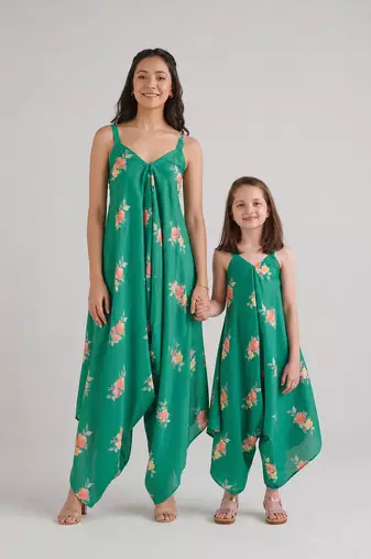 Green & jade green floral printed rayon jumpsuit & palazzo jumpsuit mother daughter matching combo
