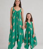 Green & jade green floral printed rayon jumpsuit & palazzo jumpsuit mother daughter matching combo