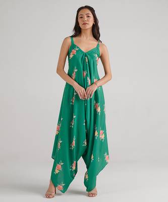 Green & jade green floral printed rayon jumpsuit & palazzo jumpsuit mother daughter matching combo 2