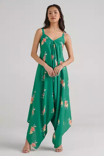Green & jade green floral printed rayon jumpsuit & palazzo jumpsuit mother daughter matching combo
