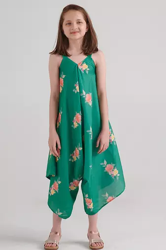 Green & jade green floral printed rayon jumpsuit & palazzo jumpsuit mother daughter matching combo