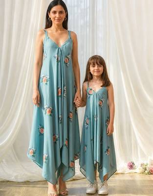 Dusty teal beaded & solid cotton palazzo jumpsuit mother daughter matching combo 1