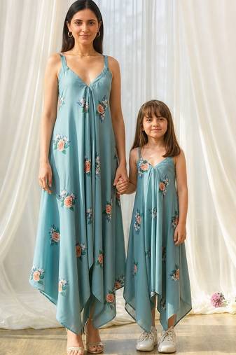 Dusty teal beaded & solid cotton palazzo jumpsuit mother daughter matching combo