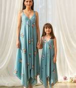 Dusty teal beaded & solid cotton palazzo jumpsuit mother daughter matching combo
