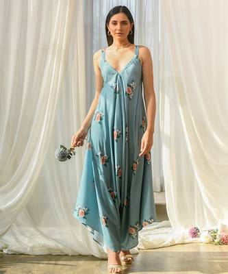 Dusty teal beaded & solid cotton palazzo jumpsuit mother daughter matching combo 2
