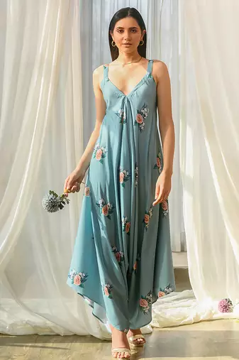 Dusty teal beaded & solid cotton palazzo jumpsuit mother daughter matching combo