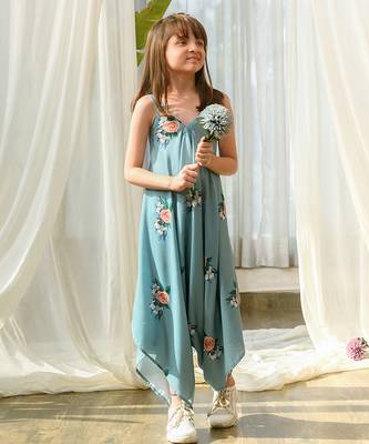 Dusty teal beaded & solid cotton palazzo jumpsuit mother daughter matching combo 3