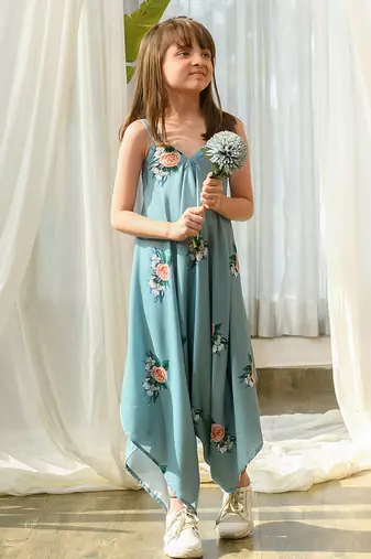 Dusty teal beaded & solid cotton palazzo jumpsuit mother daughter matching combo