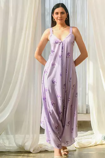 Lilac beaded & solid cotton palazzo jumpsuit mother daughter matching combo
