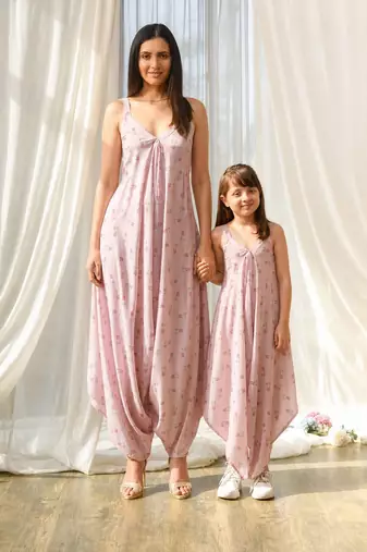 Pink beaded & solid cotton palazzo jumpsuit mother daughter matching combo