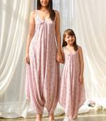 Pink beaded & solid cotton palazzo jumpsuit mother daughter matching combo