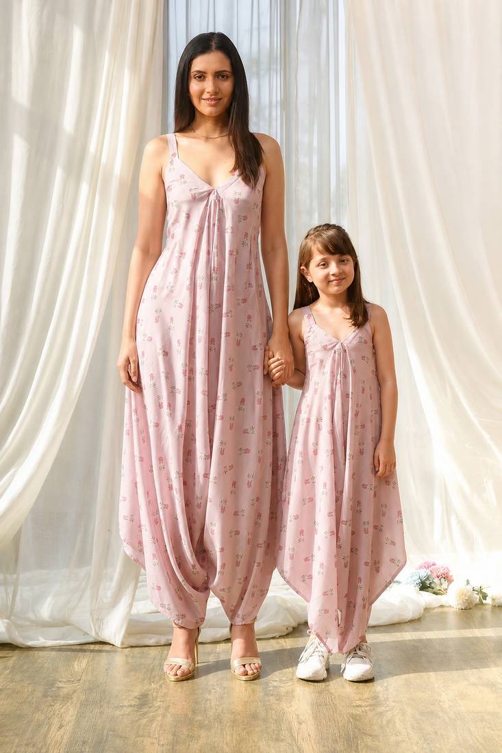 Pink beaded & solid cotton palazzo jumpsuit mother daughter matching combo