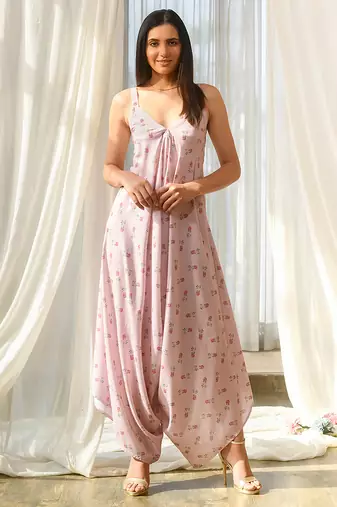 Pink beaded & solid cotton palazzo jumpsuit mother daughter matching combo