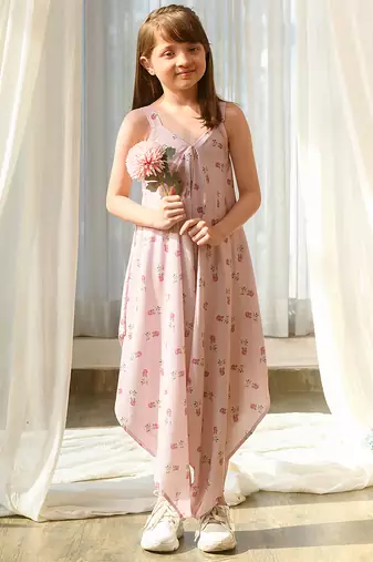 Pink beaded & solid cotton palazzo jumpsuit mother daughter matching combo