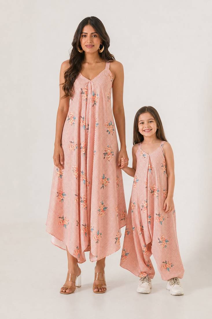 Scarlet orange striped cotton palazzo jumpsuit mother daughter matching combo