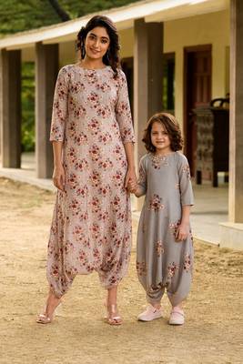 Green hand printed linen dhoti jumpsuit mother daughter matching combo 1