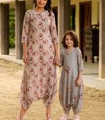 Green hand printed linen dhoti jumpsuit mother daughter matching combo