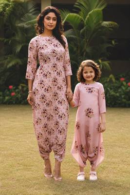 Pink hand printed linen dhoti jumpsuit mother daughter matching combo 1